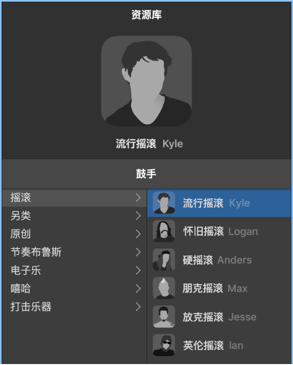图。显示鼓手类型和可用鼓手的资源库。