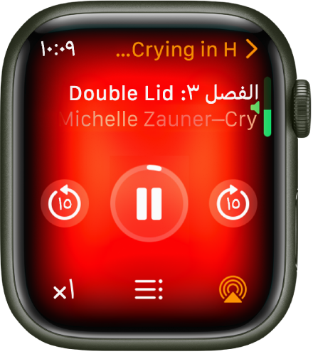 شاشة "تشغيل الكتاب الصوتي" ويظهر بها عنوان الكتاب الصوتي في الأعلى، والفصل أدناه، وعناصر التحكم في التشغيل أسفل ذلك.