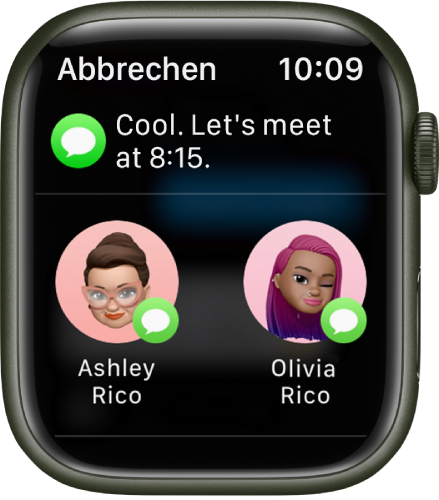 Die Anzeige zum Teilen in der App „Nachrichten“ mit einer Nachricht und zwei Kontakten.