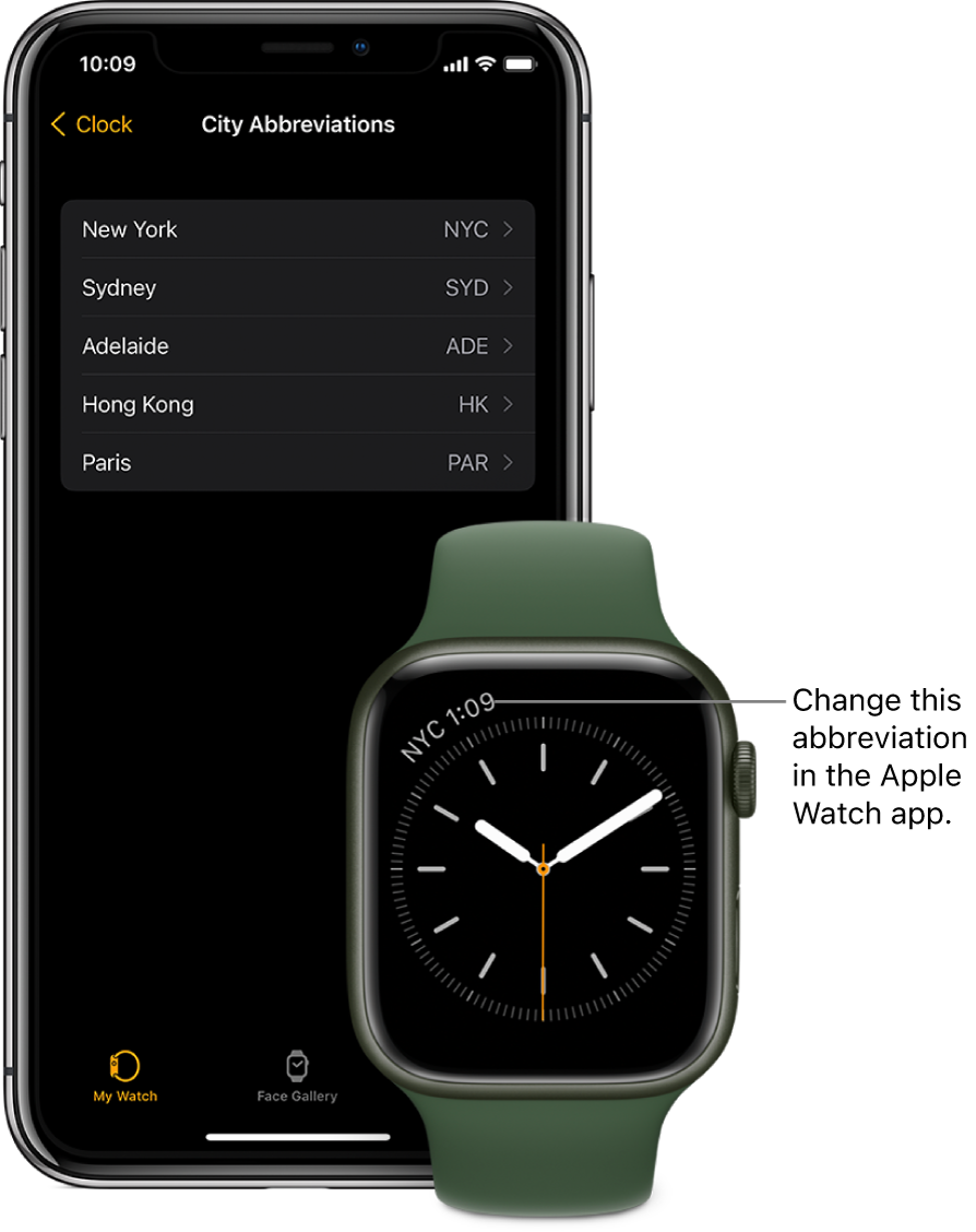 An iPhone and Apple Watch, side by side. The Apple Watch screen shows the time in New York City, using the abbreviation NYC. The iPhone screen shows the list of cities in City Abbreviations settings, in Clock settings in the Apple Watch app.