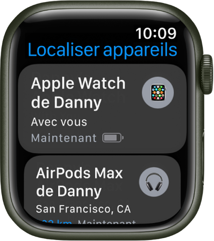 L’app Localiser appareils affichant deux appareils : une Apple Watch et des AirPods.