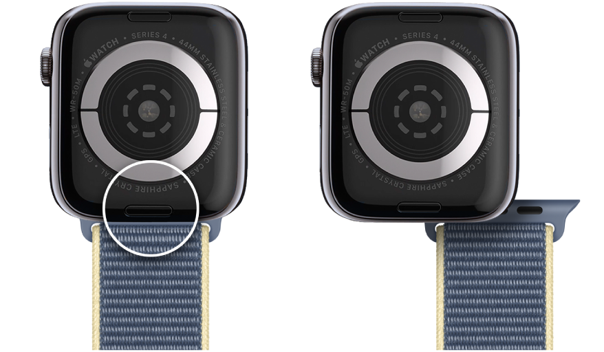 Deux images de l’Apple Watch. L’image de gauche présente le bouton pour défaire le bracelet. L’image de droite présente un bracelet de montre partiellement inséré dans l’emplacement prévu à cet effet.