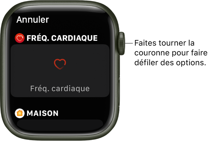 L’écran de personnalisation pour un cadran avec la complication « Fréquence cardiaque » mise en évidence. Faites tourner la Digital Crown pour voir des complications.