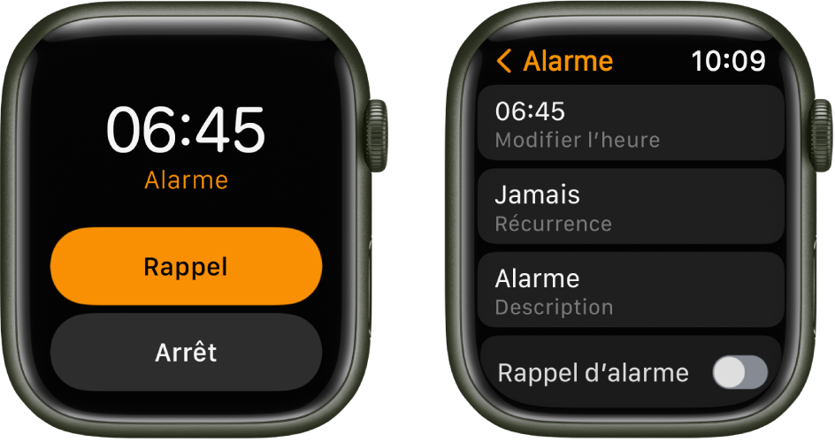 Deux écrans de la montre : le premier montre un cadran avec les boutons Rappel et Arrêter, tandis que le deuxième montre les réglages Modifier avec les boutons « Modifier l’heure », Répéter et Description. Un bouton Rappel se trouve en bas. Le bouton Rappel est désactivé.