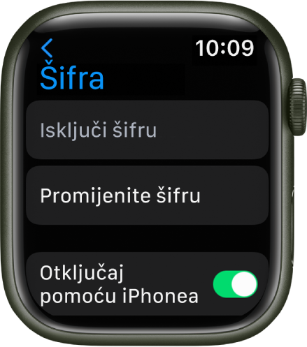 Postavke Šifre na Apple Watchu, s tipkom Isključi šifru pri vrhu zaslona, tipkom Promijeni šifru dolje u nastavku i Otključajte pomoću iPhonea na dnu.