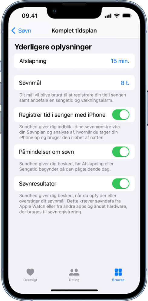 Området med yderligere oplysninger på skærmen Komplet søvnplan.