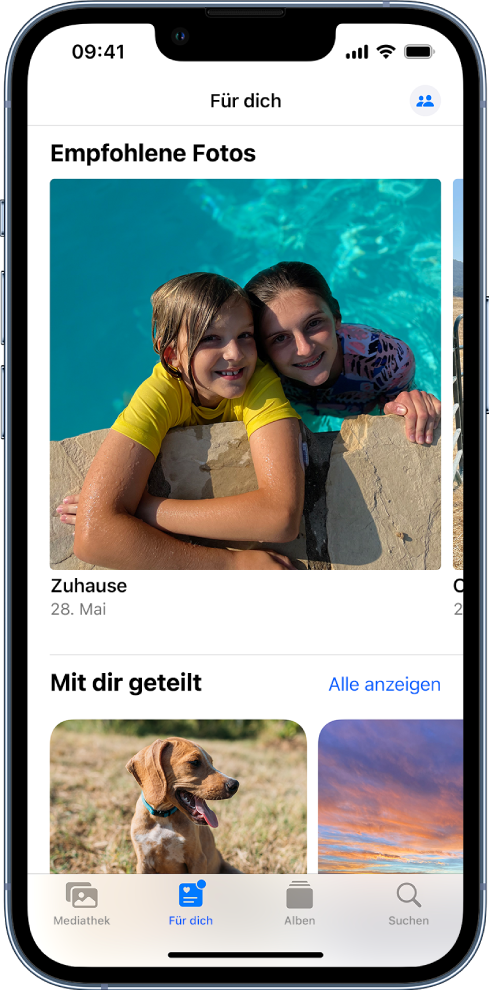 Der Bildschirm „Für dich“ in der App „Fotos“ mit den mit dir geteilten Fotosammlungen.
