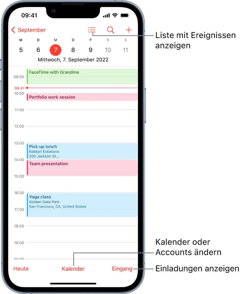 Ein Kalender in der Tagesansicht mit den Ereignissen des Tags. Mit der Taste „Kalender“ unten auf dem Bildschirm kannst du Kalenderaccounts ändern. Mit der Taste „Eingang“ unten rechts kannst du Einladungen anzeigen.