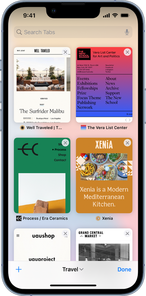 Previews of open tabs are visible on the screen. A bar at the bottom of the screen has, from left to right, the New Tab button, the Tab Group title, an arrow pointing down to indicate more Tab Groups, and a button labeled Done.