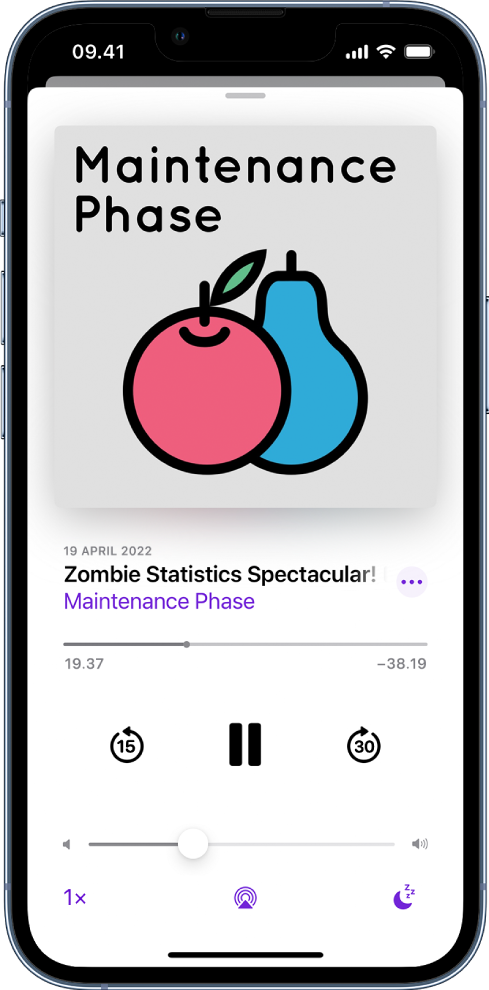 Kontrol pemutaran di layar Sedang Diputar. Di bawah gambar podcast terdapat judul episode dan kontrol untuk mundur atau maju di acara, memutar atau menjeda acara, dan mengontrol volume. Di bawahnya adalah kontrol volume. Di pojok kiri bawah terdapat kontrol untuk mengubah kecepatan pemutaran. Di pojok kanan bawah terdapat Timer Tidur.