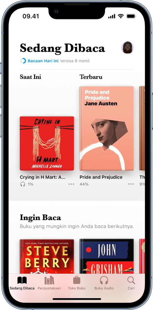 Layar Sedang Dibaca di app Buku. Di bagian bawah layar, dari kiri ke kanan, terdapat tab Sedang Dibaca, Perpustakaan, Toko Buku, Buku Audio, dan Cari.