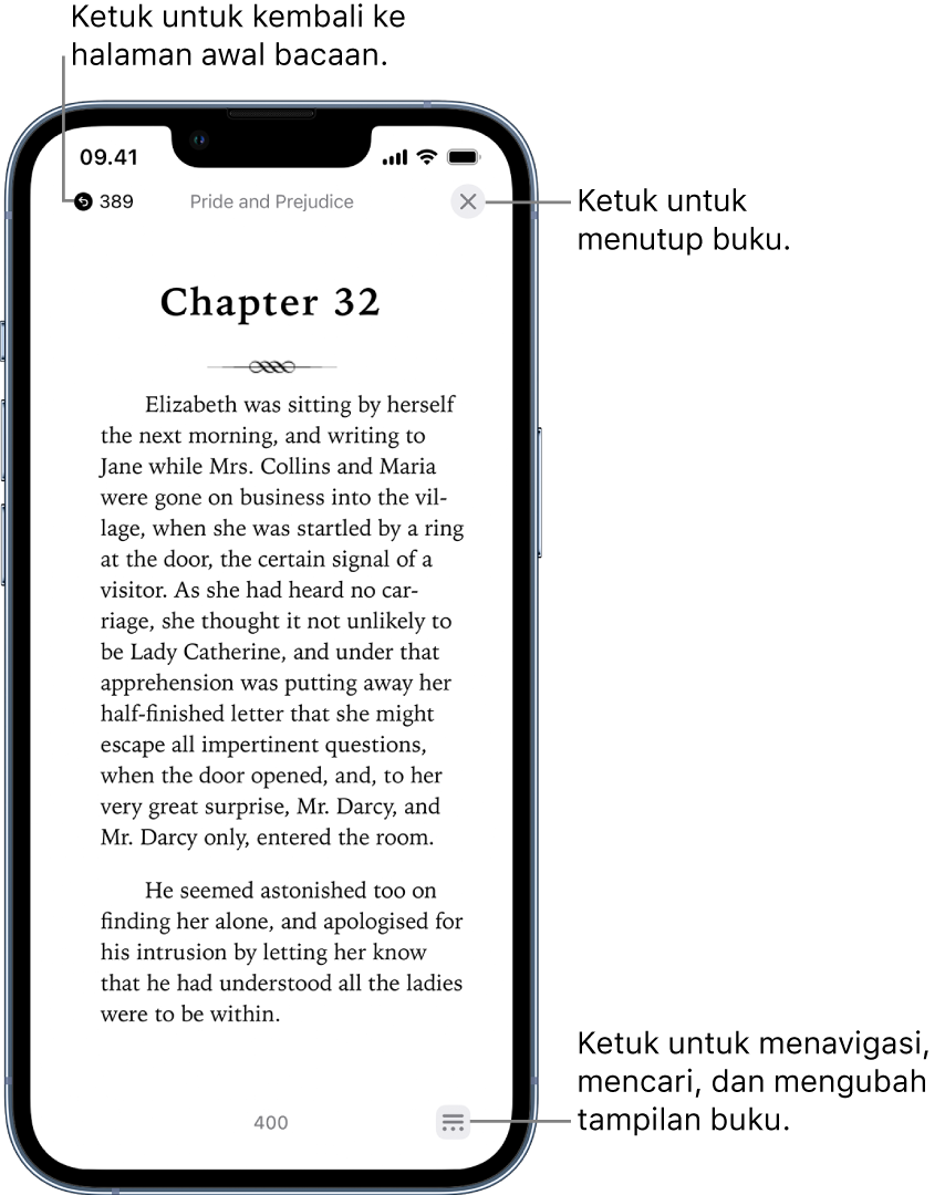Halaman buku di app Buku. Di bagian atas layar terdapat tombol untuk kembali ke halaman tempat Anda mulai membaca dan untuk menutup buku. Di kanan bawah layar terdapat tombol Menu.