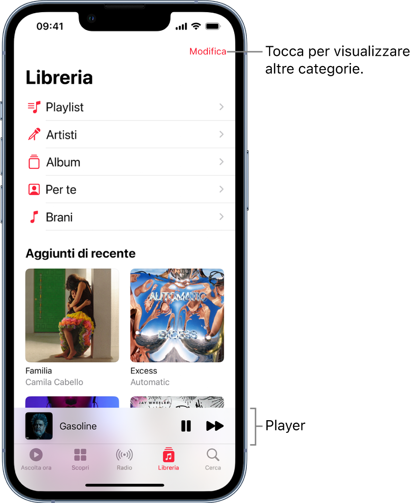La schermata Libreria che mostra un elenco di categorie tra cui Playlist, Artisti, Album, “Per te” e Brani. Sotto l'elenco compare il titolo “Aggiunti di recente”. Il lettore che mostra il titolo del brano attuale e i pulsanti Riproduci e Avanti vengono visualizzati in basso.