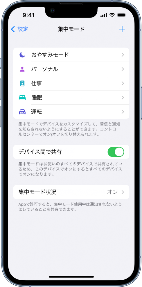 用意されている5つの集中モードのオプション(「おやすみモード」、「運転」、「パーソナル」、「睡眠」、「仕事」)が表示されている画面。「デバイス間で共有」オプションがオンになっています。これにより、ほかのAppleデバイスで同じ集中モード設定を使用できます。