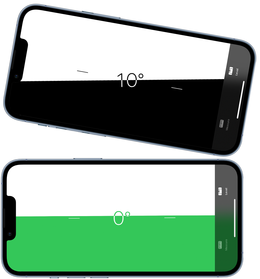 Gulsčiuko ekranas. Viršuje „iPhone“ yra pakreiptas dešimt laipsnių kampu; apačioje „iPhone“ horizontalus.