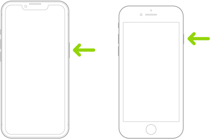 Paveikslėlis, kuriame nurodytos „iPhone“ šoninių bei miego / pažadinimo mygtukų vietos.