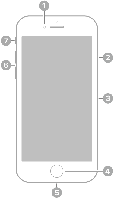 De voorkant van de iPhone 8. De camera aan de voorkant zit bovenaan, links van de luidspreker. Aan de rechterkant zitten van boven naar beneden de zijknop en de simkaarthouder. De thuisknop zit onderaan in het midden. De Lightning-connector zit aan de onderkant. Aan de linkerkant zitten van beneden naar boven de volumeknoppen en de schakelaar voor het belsignaal.