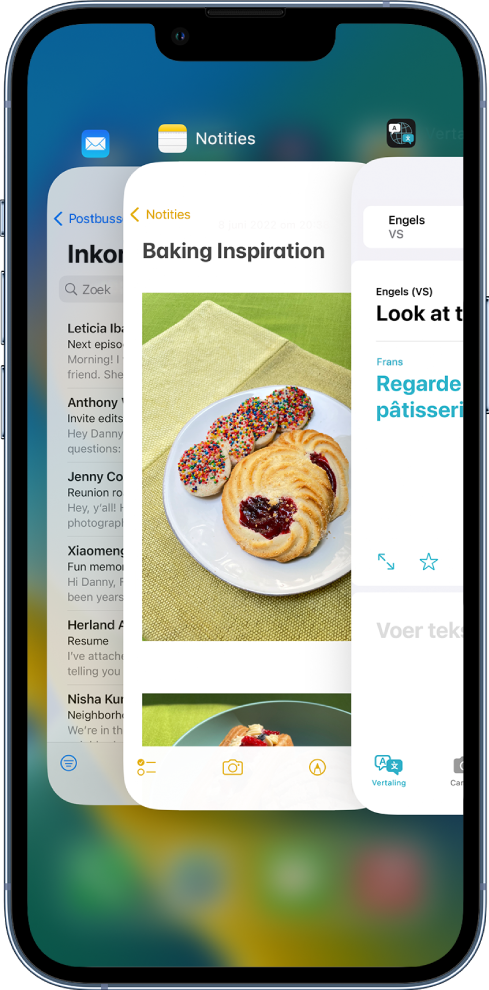 De appkiezer. Symbolen voor de geopende apps verschijnen bovenin en het actuele scherm van elke app verschijnt onder het appsymbool.