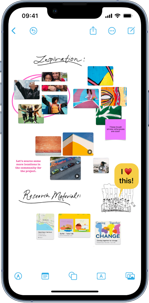 iPhone z otwartą aplikacją Friform. Tablica zawiera pismo odręczne, rysunki, kształty, klipy wideo, naklejki, łącza i inne pliki.