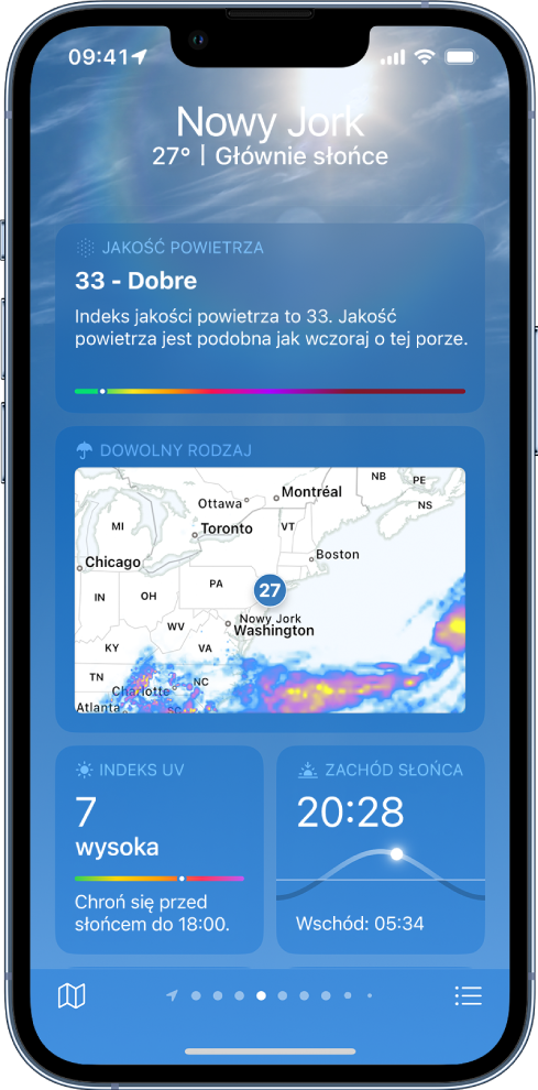Ekran aplikacji Pogoda. Na górze widoczna jest nazwa miejsca oraz bieżąca temperatura i warunki pogodowe. Poniżej widoczne są szczegóły dotyczące pogody, takie jak jakość powietrza, opady, indeks UV oraz zachód słońca.