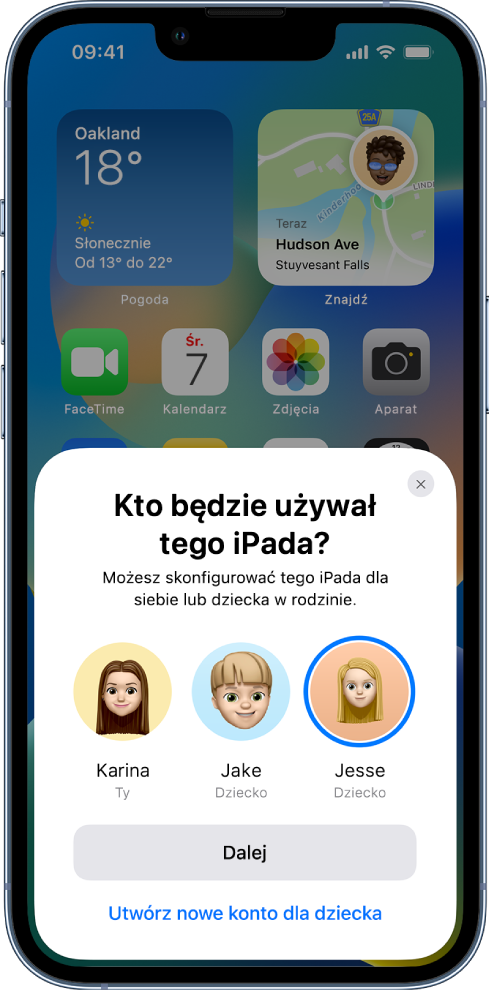 Ekran konfiguracji z możliwością wyboru członka rodziny, który będzie używać nowego urządzenia.