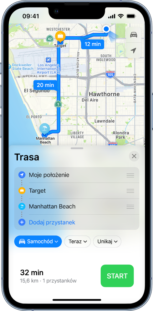 Aplikacja Mapy wyświetlająca trasę z wieloma przystankami po drodze.