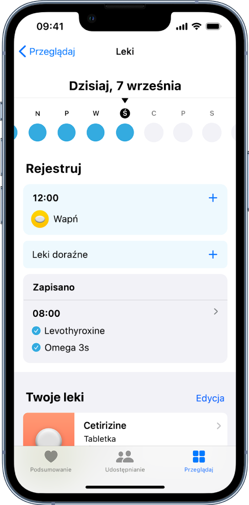 Ekran Leki w aplikacji Zdrowie, zawierający linię czasową oraz dziennik przyjmowania leków.