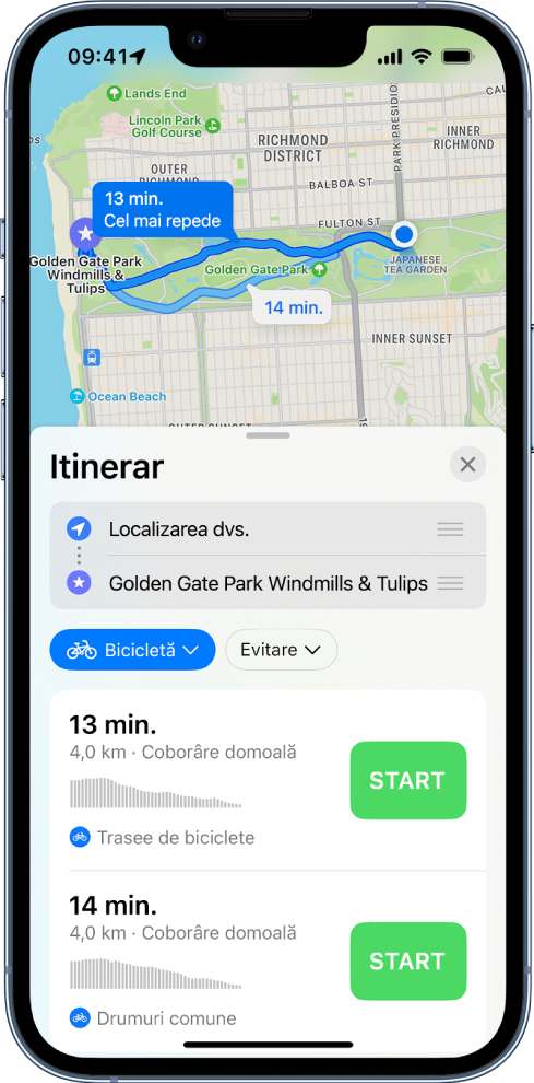 O hartă afișând două rute pentru bicicletă. O fișă a rutei în partea de jos oferă detaliile pentru rute, inclusiv timpul estimativ de deplasare, diferențele de nivel și tipurile de drumuri. Un buton Start apare lângă descrierea fiecărei rute.
