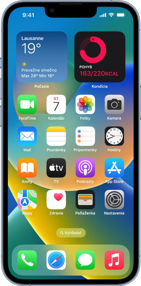 Plocha s niekoľkými ikonami apiek vrátane ikony apky Nastavenia, po klepnutí na ktorú môžete upraviť hlasitosť, jas obrazovky a ďalšie nastavenia iPhonu.
