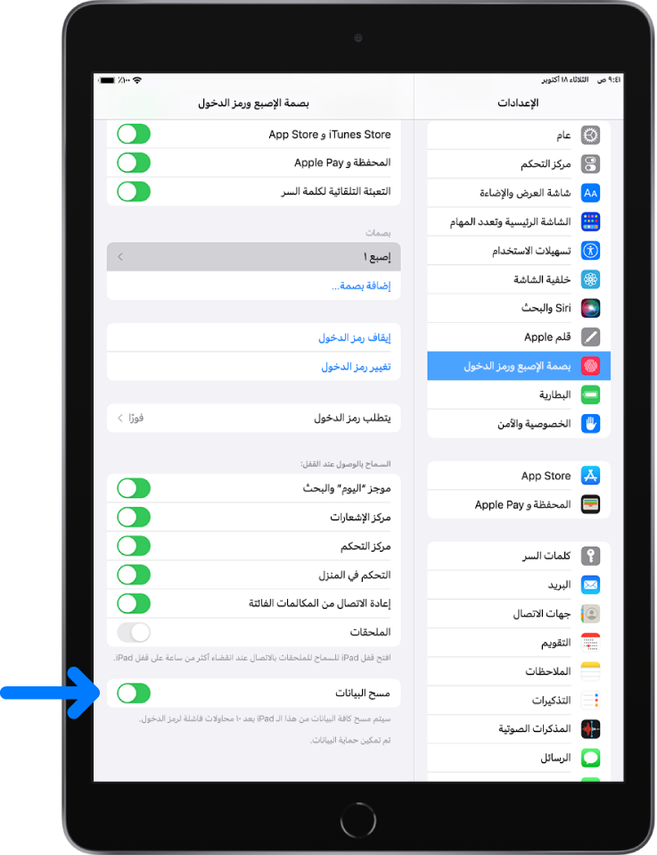 عنصر التحكم في مسح البيانات، الموجود في الجزء السفلي من شاشة بصمة الإصبع ورمز الدخول في الإعدادات.