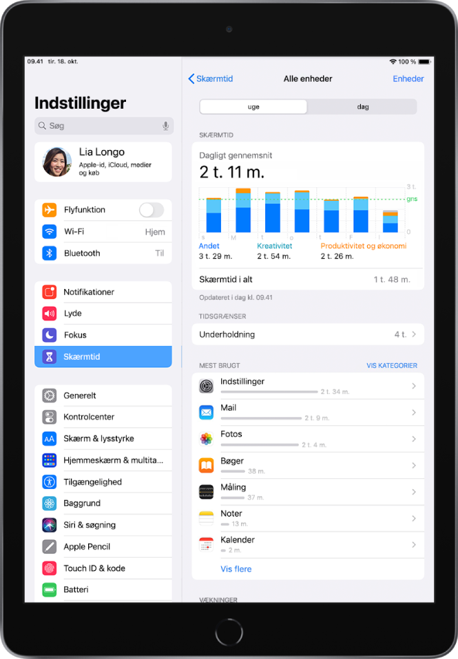 En ugentlig rapport om Skærmtid, der viser, hvor lang tid der er brugt på apps efter kategori og efter app.