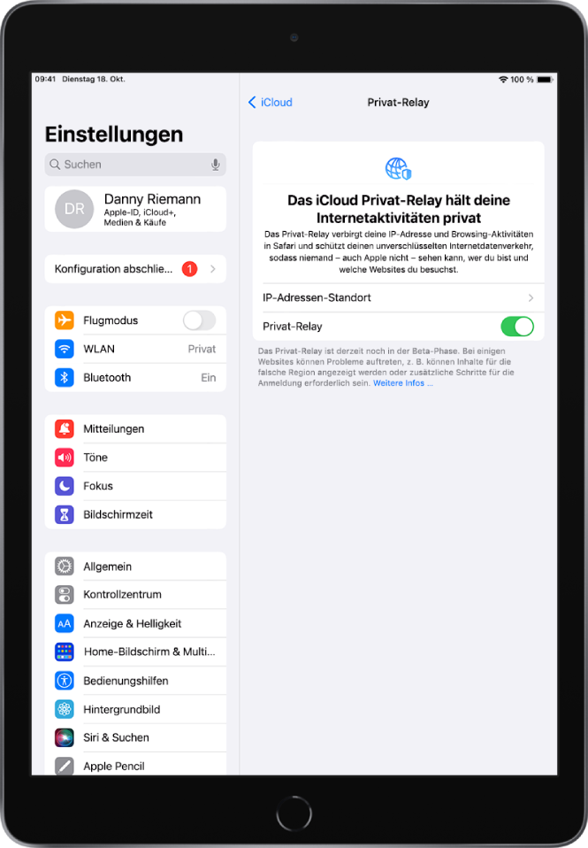 Der Bildschirm „Einstellungen“ zum Aktivieren oder Deaktivieren der Funktion „Privat-Relay“.