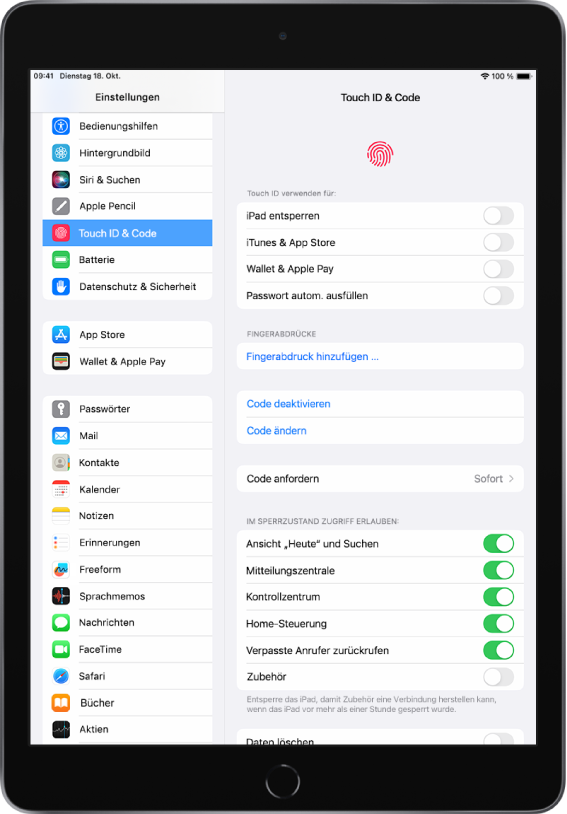 Die Seitenleiste der App „Einstellungen“ auf der linken Bildschirmseite. „Touch ID & Code“ ist ausgewählt. Auf der rechten Seite des Bildschirms werden Optionen zum Auswählen von Funktionen angezeigt, die mit Touch ID entsperrt werden können. „iPad entsperren“, „iTunes & App Store“, „Wallet & Apple Pay“ und „Passwort automatisch ausfüllen“ sind deaktiviert.