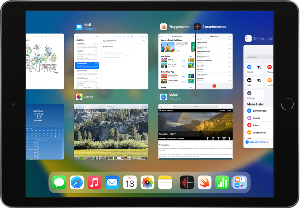 Der App-Umschalter mit mehreren geöffneten Apps, Split View-Arbeitsbereichen und Slide Over-Fenstern.
