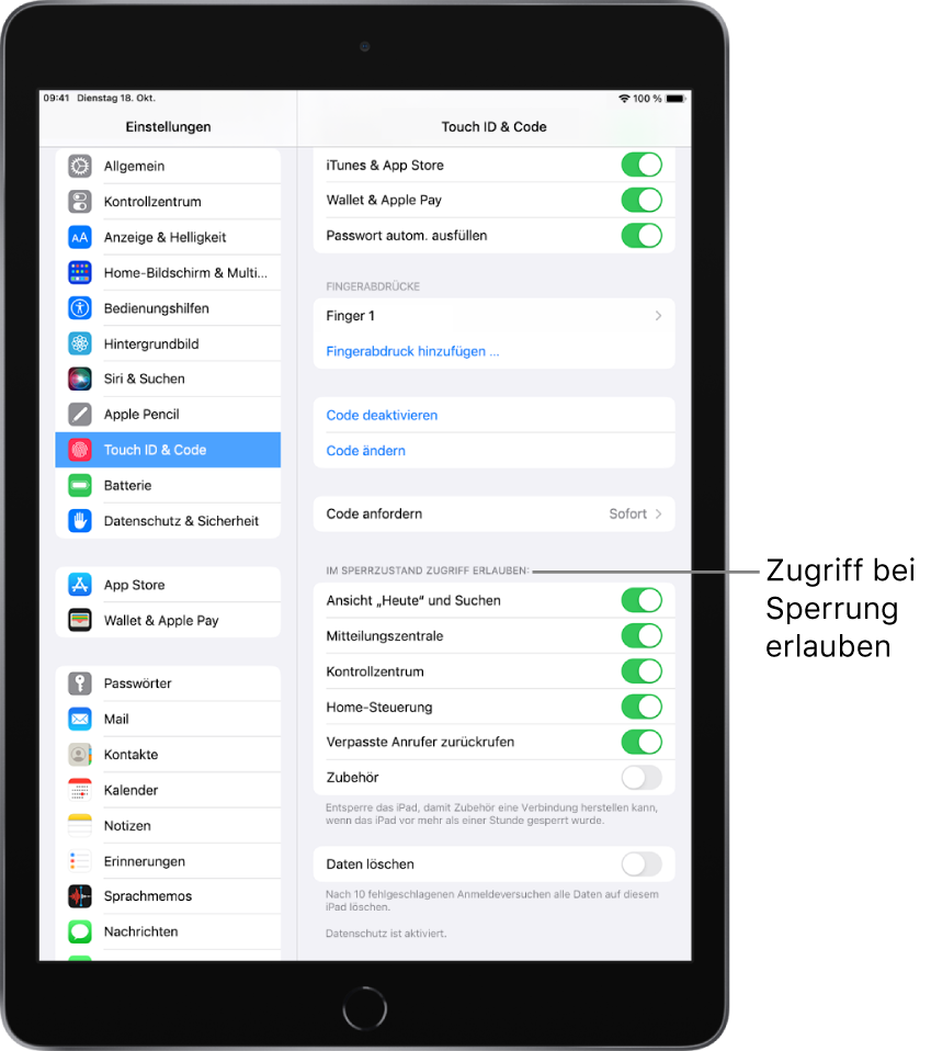Der Bildschirm „Touch ID & Code“ mit Optionen zum Erlauben des Zugriffs auf bestimmte Funktionen, wenn das iPad gesperrt ist.