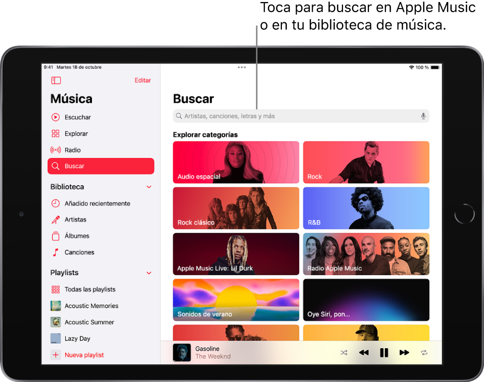 Pantalla Buscar con la barra lateral a la izquierda y un campo de búsqueda en la esquina superior derecha. Debajo, la sección “Explorar categorías” muestra varias categorías.