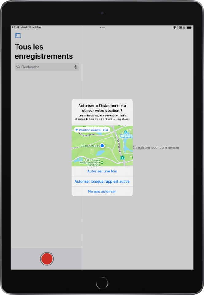 Une requête d’une app pour utiliser les données de localisation sur l’iPad. Les options sont « Autoriser une fois », « Autoriser lorsque l’app est active » et « Ne pas autoriser ».