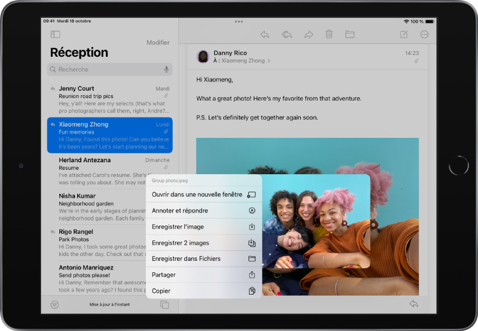 Un e-mail est ouvert, une pièce jointe est sélectionnée et une liste d’actions possibles est affichée. Les options incluent « Ouvrir dans une nouvelle fenêtre », « Annoter et répondre », « Enregistrer l’image », « Enregistrer dans Fichiers », Partager et Copier.