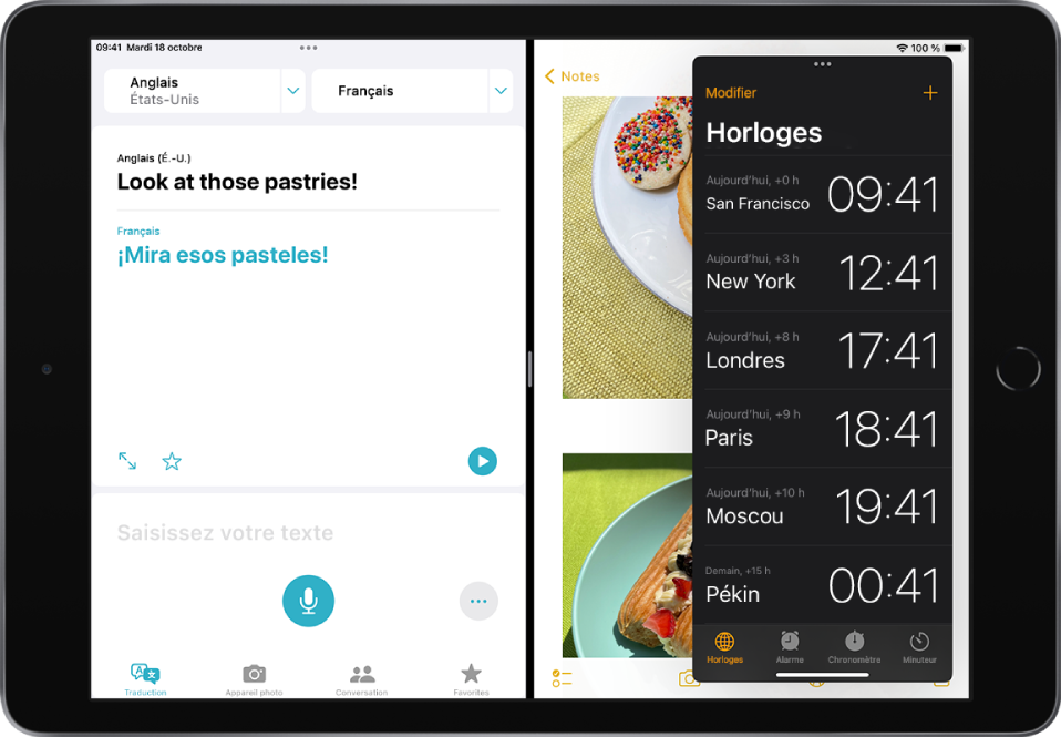 L’app Traduire est ouverte sur le côté gauche de l’écran, Notes est ouvert sur la droite et Horloge est ouvert dans une fenêtre Slide Over qui couvre partiellement Notes.