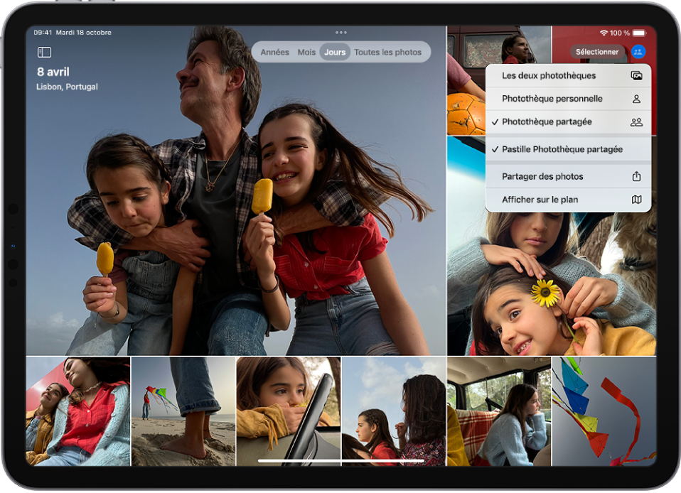 Une photothèque dans l’app Photos. Le bouton « Photothèque partagée » en haut à droite est sélectionné, et les éléments « Photothèque partagée » et « Pastille Photothèque partagée » sont sélectionnés dans le menu.