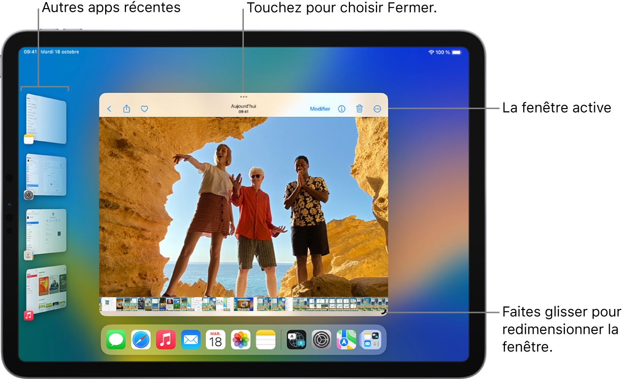 L’écran d’un iPad avec la fonctionnalité Stage Manager activée. La fenêtre actuelle se trouve au centre de l’écran, avec les commandes multitâches en haut et une commande de redimensionnement dans le coin inférieur droit. Les apps récentes apparaissent dans une liste sur le côté gauche. Les apps dans le Dock apparaissent au bas de l’écran.