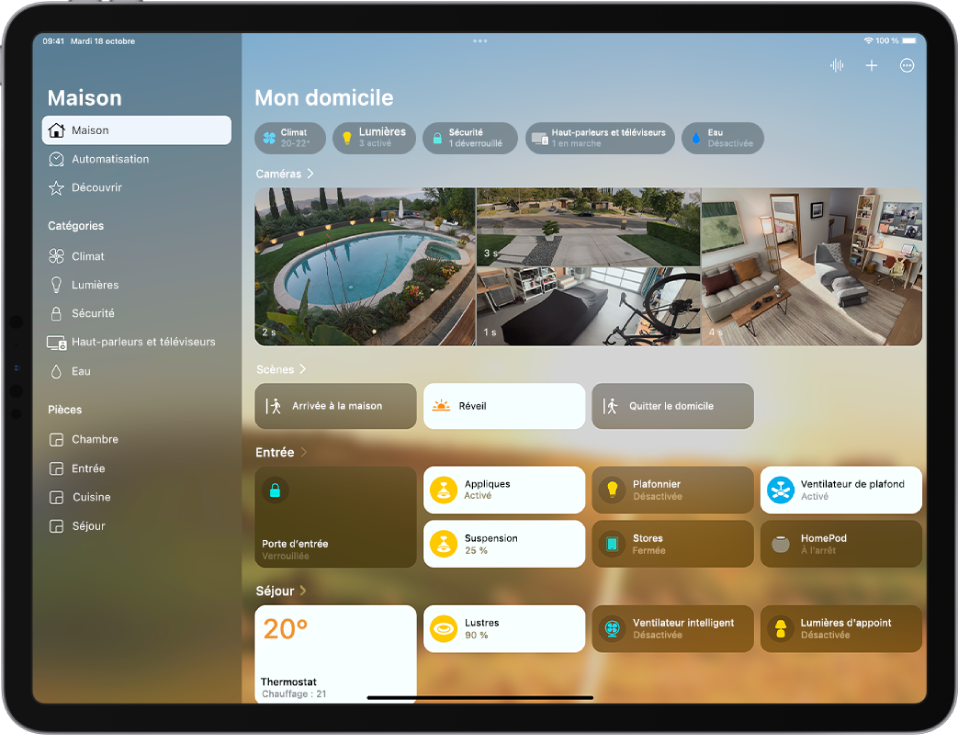 Écran « Mon domicile » dans l’app Maison affichant, de haut en bas : Caméras, Scènes, Entrée et Séjour.