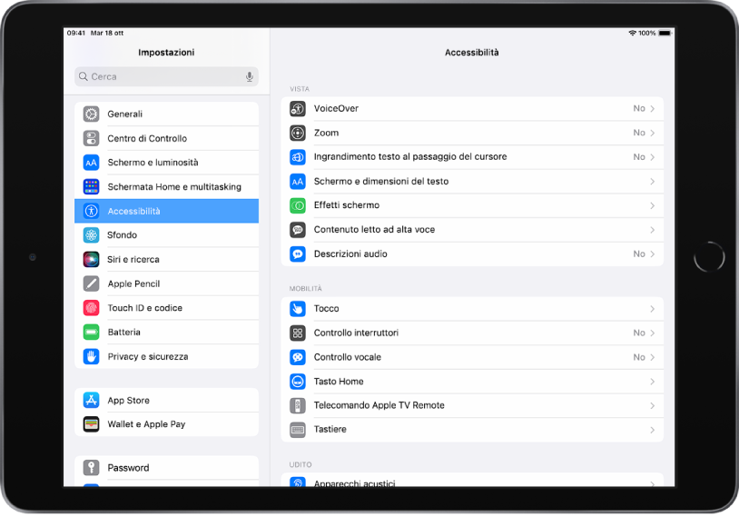 La schermata Impostazioni di iPad Sul lato sinistro dello schermo è presente la barra laterale di Impostazioni; Accessibilità è selezionato. Sul lato destro dello schermo sono presenti le opzioni per personalizzare le funzioni di accessibilità.