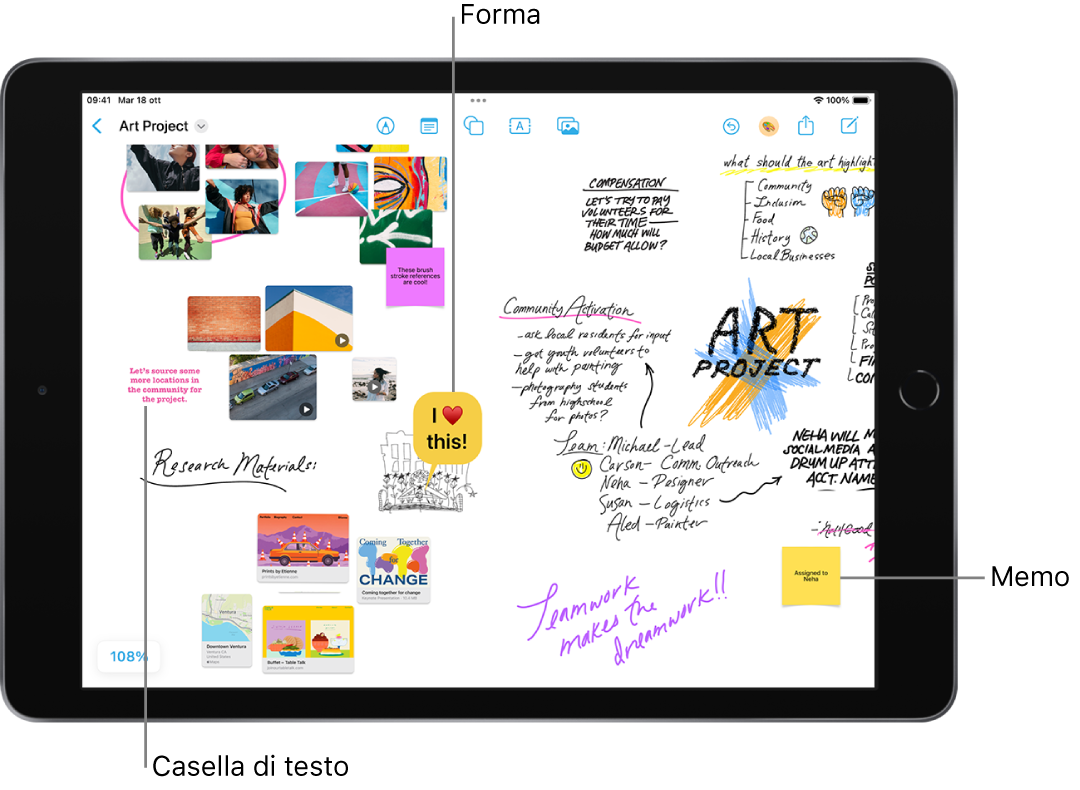 Una lavagna di Freeform con disegni, caselle di testo, video, foto, memo e molto altro.