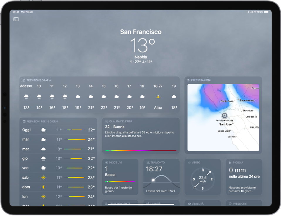 La schermata di Meteo in orientamento orizzontale. Le informazioni sulle previsioni sono mostrate dall'alto in basso, tra cui: la località, la temperatura attuale, Nebbia e la temperatura massima e minima per la giornata. Sotto sono presenti le previsioni orarie, le previsioni per i prossimi 10 giorni, l'indicatore della qualità dell'aria e una mappa che mostre le precipitazioni nella zona. Nella parte inferiore dello schermo sono presenti le informazioni sull'indice UV, sul tramonto, sul vento e sulle precipitazioni.