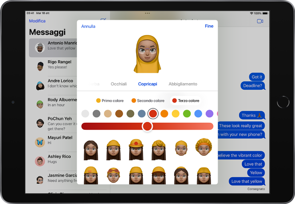 La schermata delle memoji, che mostra il personaggio in fase di creazione al centro, le caratteristiche da personalizzare sotto il personaggio e, ancora sotto, le opzioni per la caratteristica selezionata. Il pulsante Fine si trova in alto a destra e il pulsante Annulla si trova in alto a sinistra.