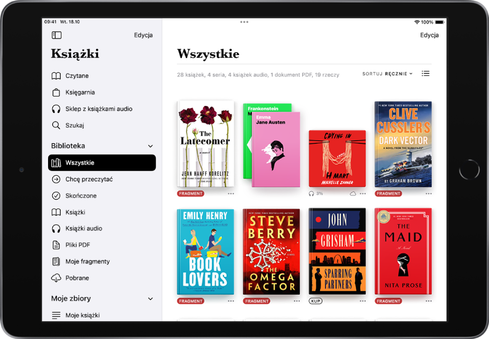 Ekran Biblioteka w aplikacji Książki. Pasek boczny jest otwarty po lewej stronie ekranu; w sekcji Biblioteka zaznaczona jest opcja Wszystko. Pozostała część ekranu wypełniona jest miniaturkami okładek książek wyświetlanymi w widoku siatki.