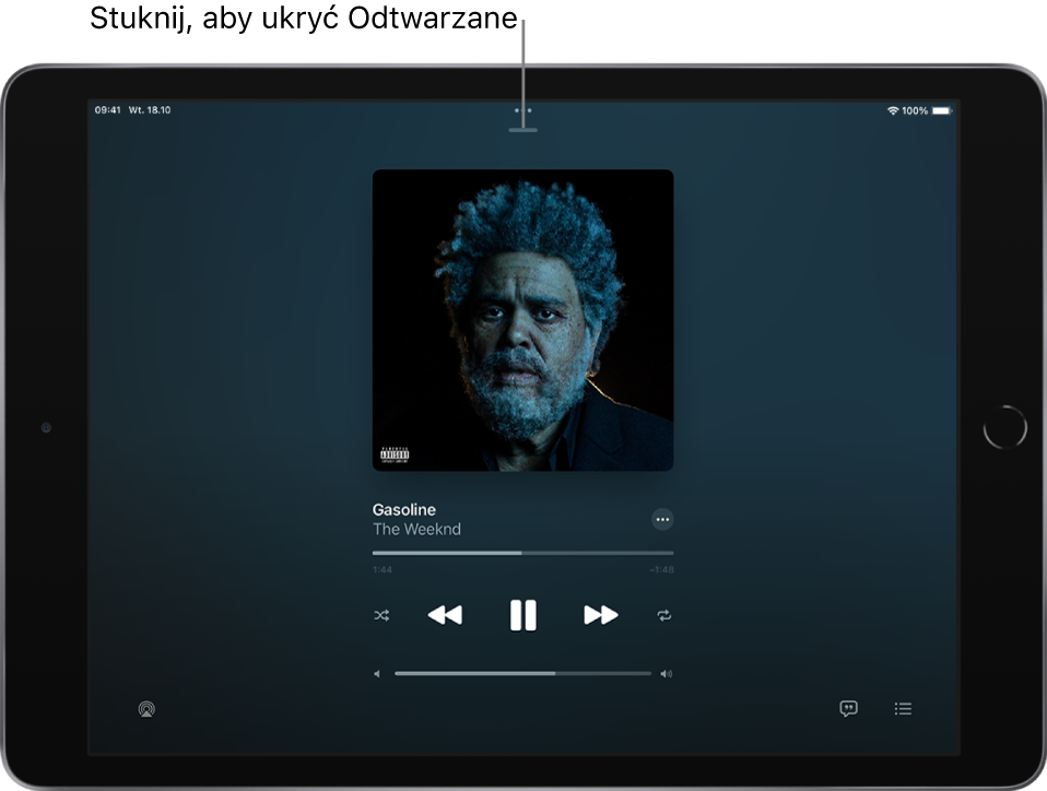 Ekran Odtwarzane, zawierający grafikę albumu. Poniżej znajduje się tytuł utworu, nazwa wykonawcy, przycisk Więcej, głowica, narzędzia odtwarzania, suwak głośności, przycisk urządzenia wyjściowego odtwarzania, przycisk słów utworu oraz przycisk kolejki. Przycisk ukrywania ekranu Odtwarzane znajduje się u góry ekranu.