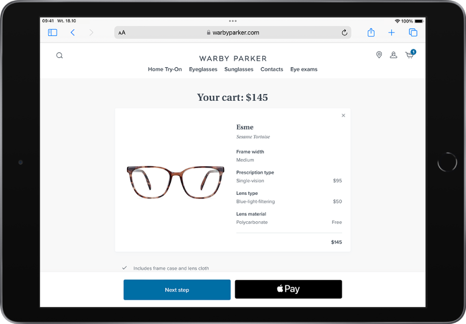 Strona produktu z przyciskiem Apple Pay w prawym dolnym rogu.