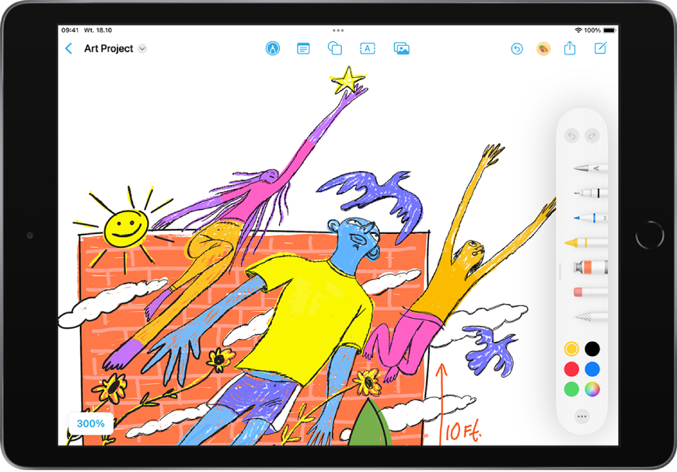 iPad z aplikacją Friform; w aplikacji otwarte jest menu narzędzi rysowania. Tablica zawiera pismo odręczne i rysunki.
